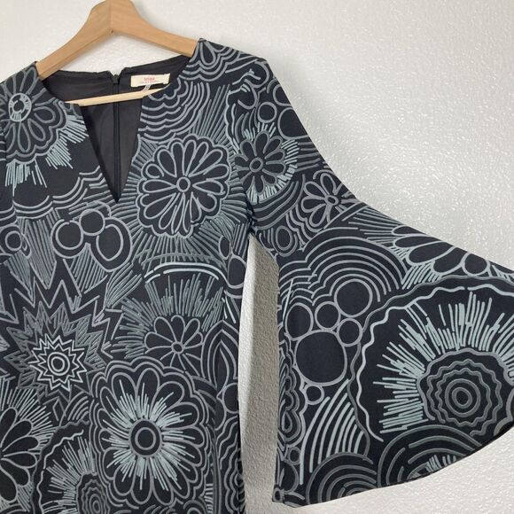 Trina Turk Dress Womens XS Black Gray Floral Bell Sleeve Shift Lined TT177511 - Picture 1 of 16